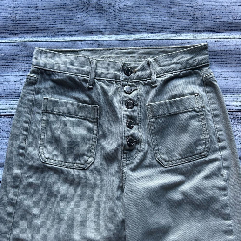 American Eagle Wide Leg Crop button fly patch pockets green jeans size 2 regular - Picture 2 of 15